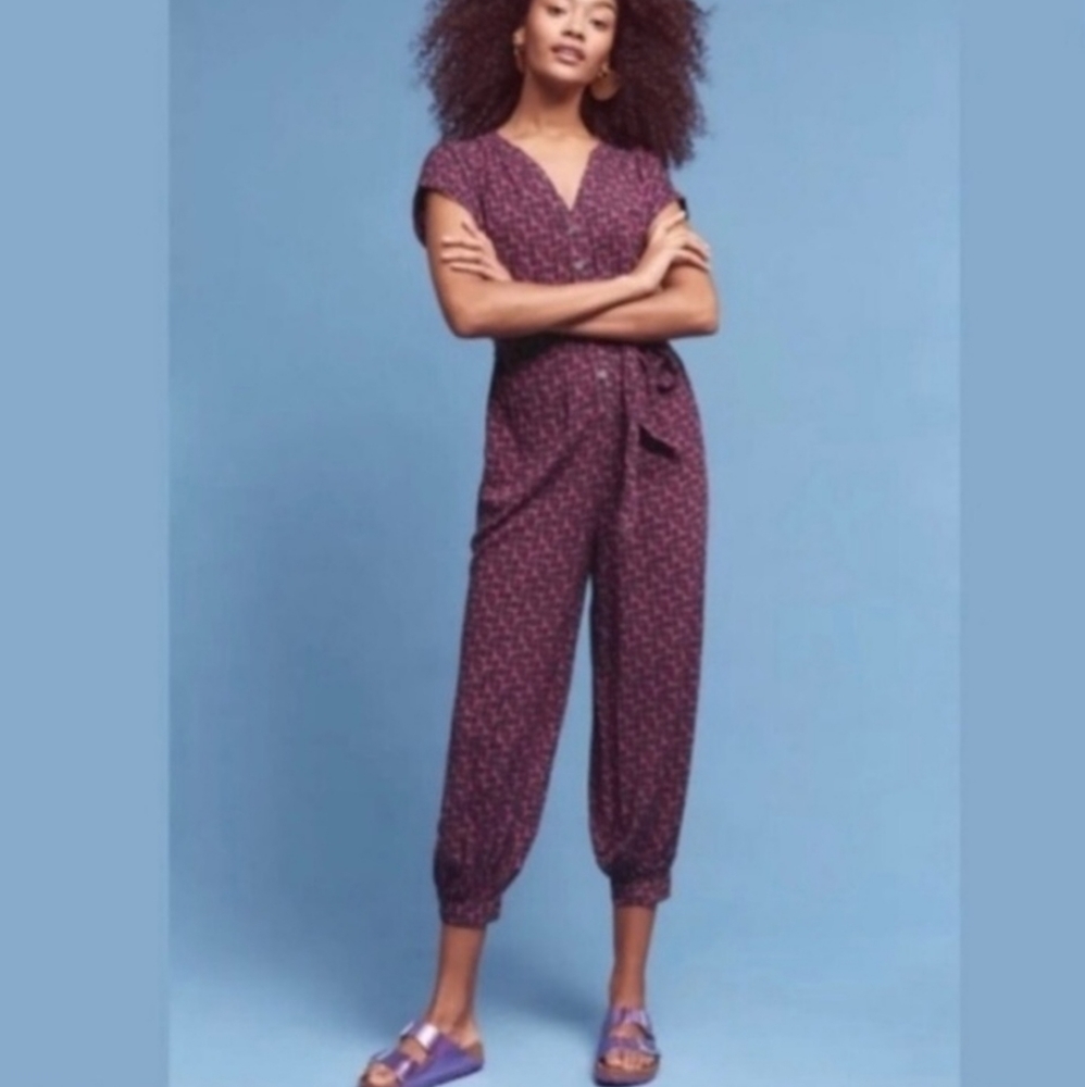 Maeve for Anthro Geoscope pink & navy jumpsuit
